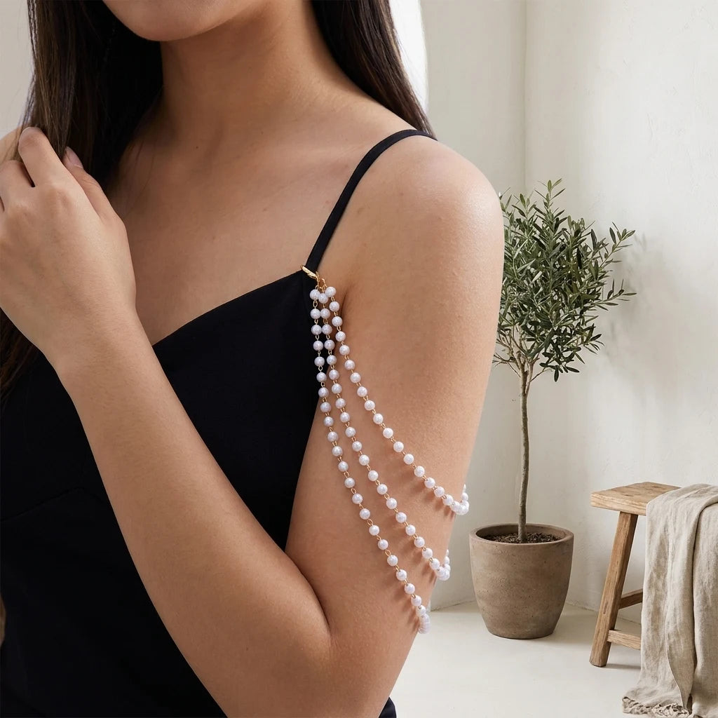 Sexy Imitation Pearl Body Chain for Women Multilayer Pearl Rice Beads Chain Shoulder Sweater Long Chain Party Wedding Jewelry