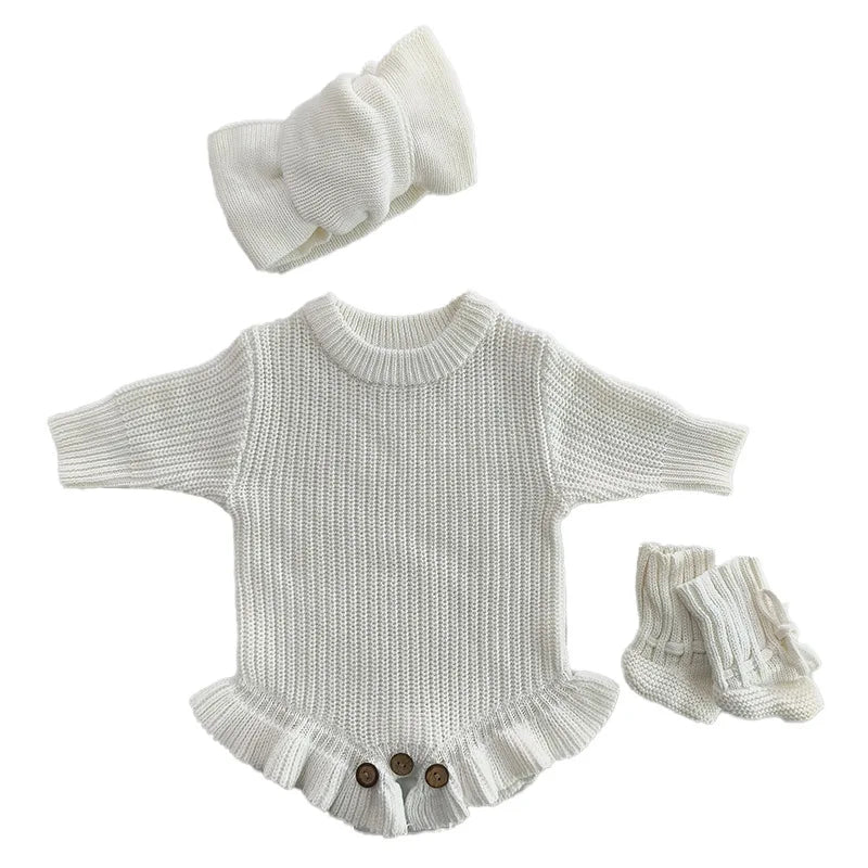 Autumn Baby Knitted Romper Headband Hat Socks Set 3Pcs Solid Color Newborn Outfit Cotton Warm Infant Shower Clothing Gifts