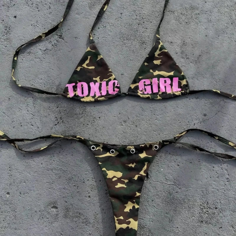 Women's Triangle Bikini Set Camouflage Print Sexy Y2K Micro Bikini Swimwear Summer Beach Vacation Party Bathing Suit For Female