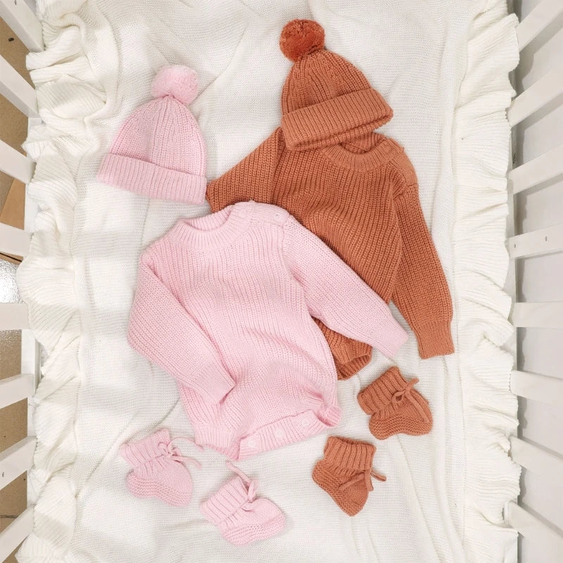 Cosy Infant Knitwear Soft & Comfortable Baby Jumpsuit Set with Matching Bonnet Hat and Booties Socks for Daily Comfort