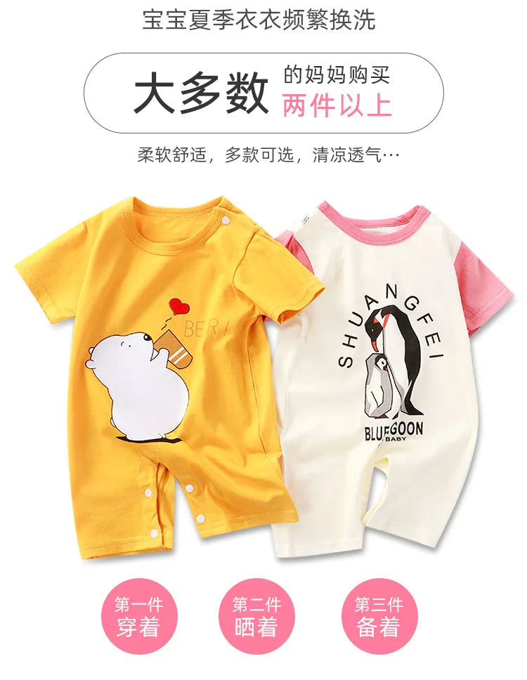Breathable Cotton Baby Cartoon Jumpsuits, Short Sleeve Bodysuit for Newborn Infant Boys Girls Rompers of Crawling Clothes