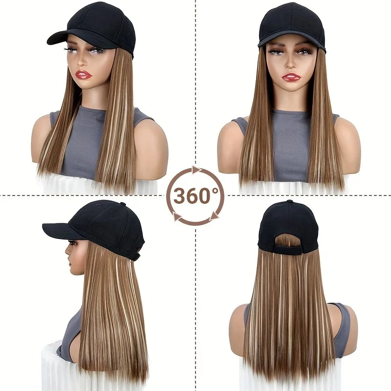 18Inch Synthetic Hat Wig Long Straight Hair Baseball Cap Hair Extension Adjustable for Women Daily Use