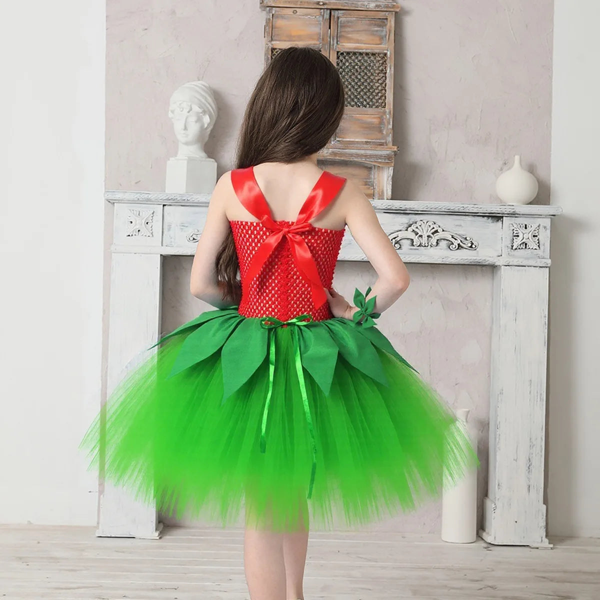 Halloween Costume for Girls Chirdren Summer Red and Green Floral Hawaiian Party Dress with Wreath Outfit for Halloween