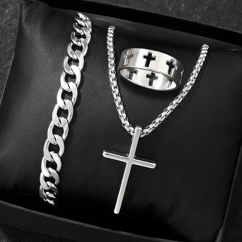 Men's 3pcs Fashion Alloy Jewelry Set - Cross Pendant Necklace, Bracelet & Ring Combo