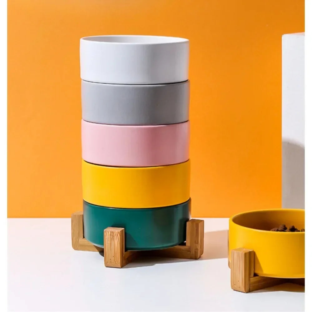 Cat bowl cerami double bowl water bowl integrated wooden rack protects cervical spine high-legged dog bowl dog bowl