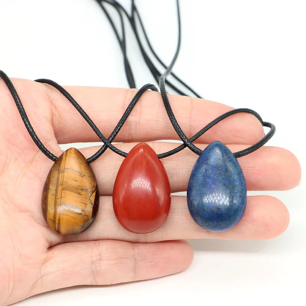 Natural Stone Water Drop Shape Necklace Pendant Rose Quartz Amethyst Lapis Lazuli Healing Crystal Gemstone Charm Jewelry Gifts