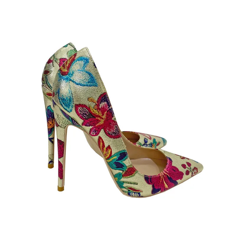Fashion Print Women's Pumps 8CM 10CM 12CM Sexy Pointy Toe Luxury Female Shoes 2025 Spring Summer All-Match Woman Gold High Heels