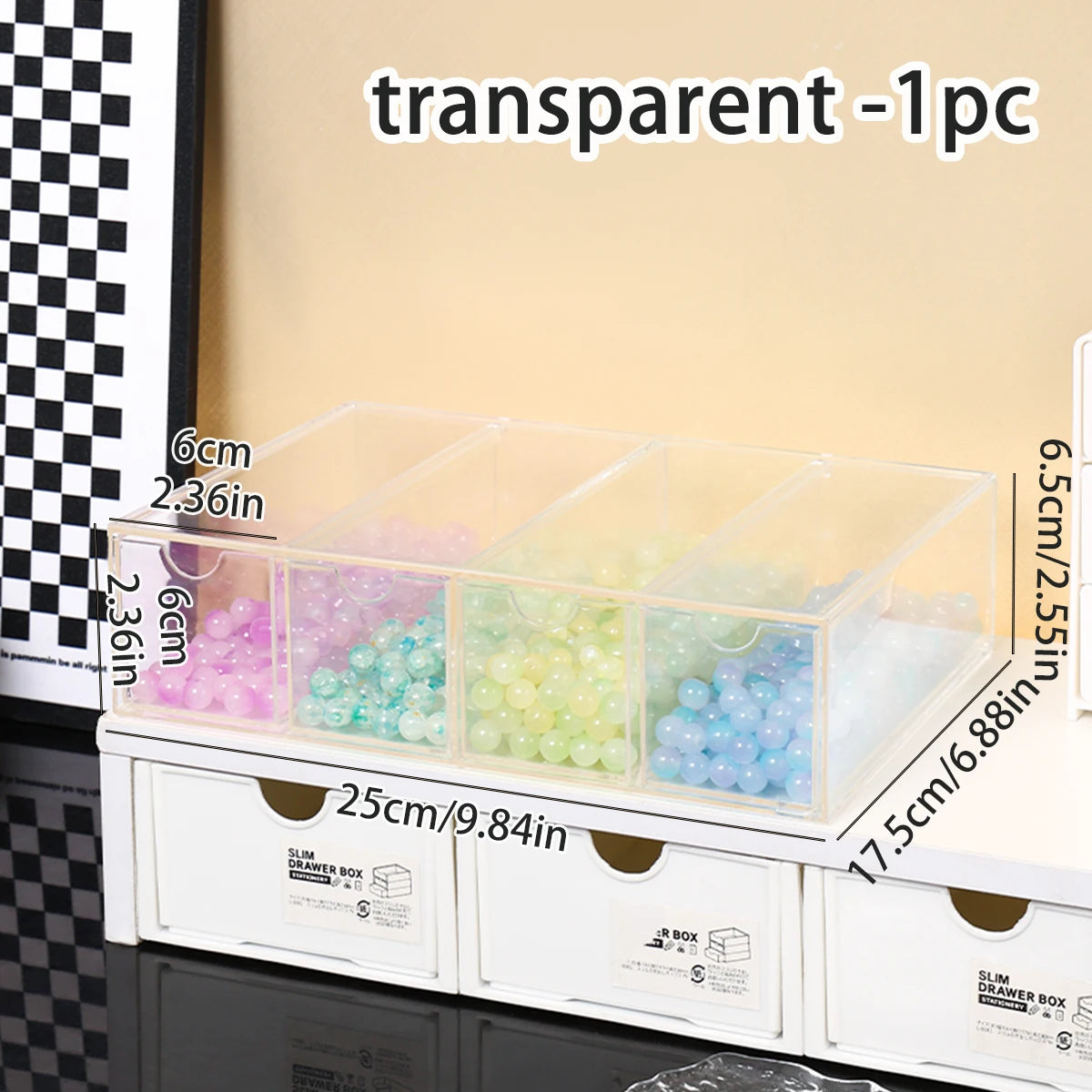 1pc Acrylic 1Layer 4Grid Bead Jewelry Organizer Stackable Separate Compartment Desktop Storage Box Suitable Hair Jewelry Storage