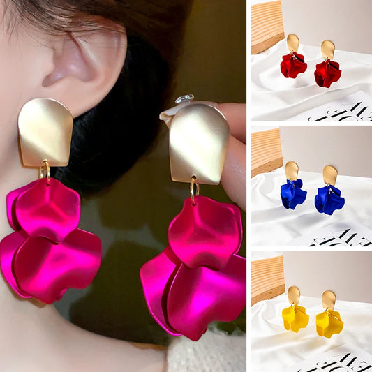 Solid Color Twisted Smooth Rose Flower Petal Dangle Earrings Women Vintage Fashion Elegant Large Piece Exaggerated Jewelry K-
