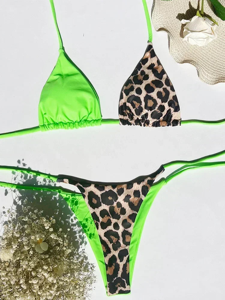 Halter Splicing Leopard Bikinis 2026 Satin Bikini Female Swimsuit Women Swimwear Two-pieces Bikini Set Micro Bathing Suit Swim