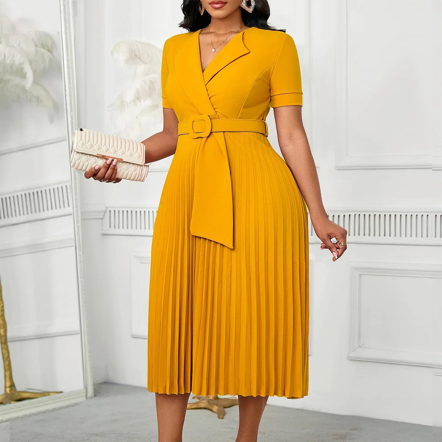 Sexy Short Sleeve V-Neck Elegant African Pleated Dress High Waist Midi Dress Fashionable Atmosphere Casual Elegant Style