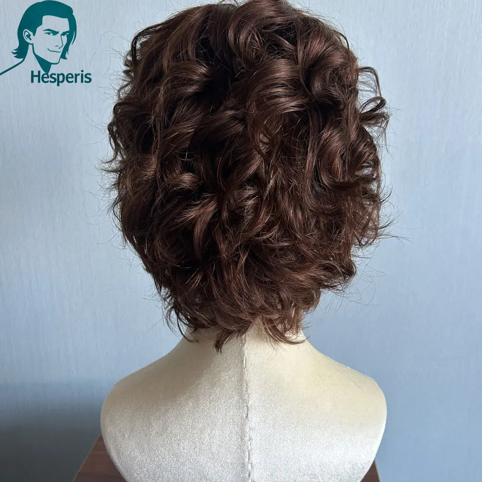 Hesperis Brown Short Curly Human Hair Wig Pre-Style Cut Lace Front with Bangs Men's Fashion Daily Lace Frontal Wigs For Male