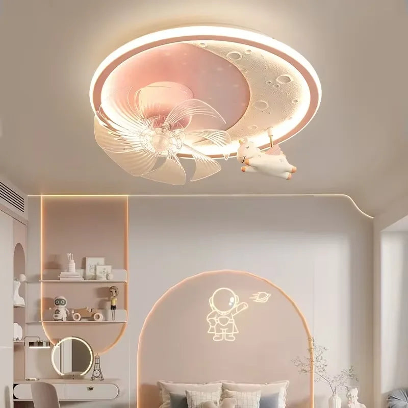 Modern Kids Room Ceiling Fan Light Cartoon Moon Astronaut Ceiling Lamp Boy Girl Bedroom Nursery Study Chandelier Ceiling Lights
