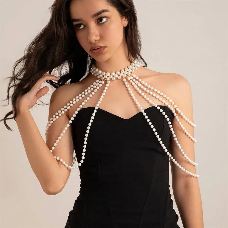 Lacteo Elegant Temperament Imitation Pearl Shawl Shoulder Chain Necklace Women Romantic Wedding Banquet Jewelry Accessories