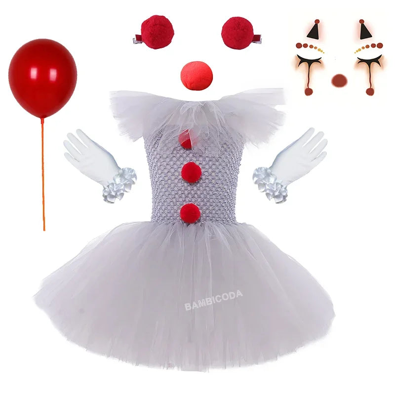 Halloween Pennywise Costume Creepy Clown Gray Tutu Dress Outfit Girls Fancy Carnival Party Tulle Dresses Joker Clothes