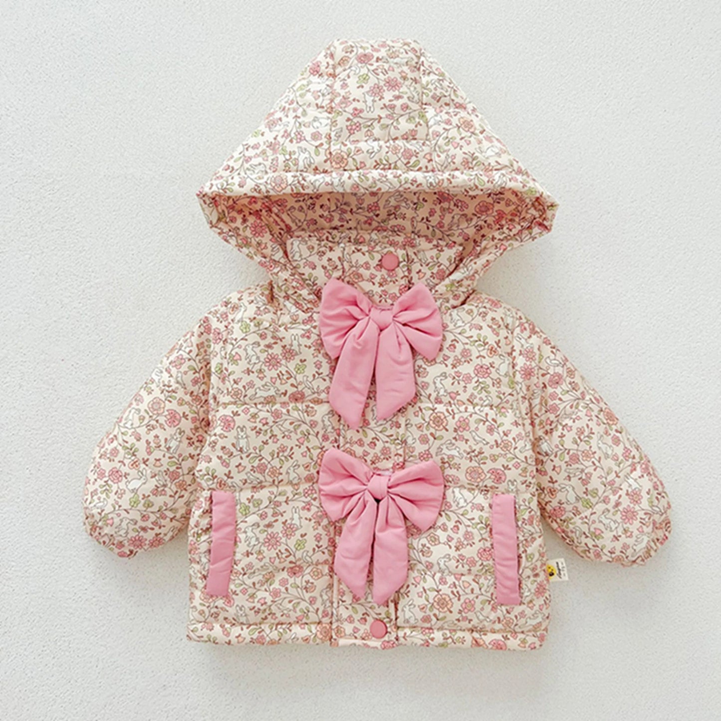 Winter Warm Toddler Girls Puff Coat Outwears Princess Floral Print Long Sleeve Zipper Closure Hood Down Jacket Kids Snow Wear