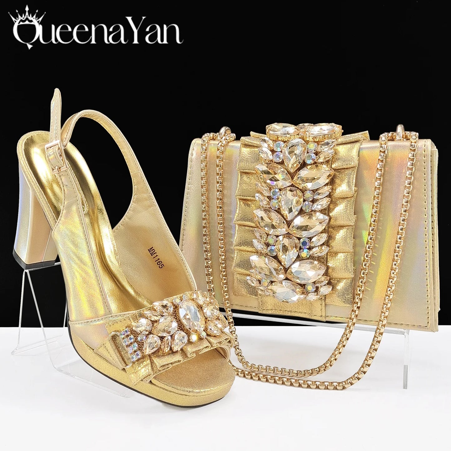 Queena Yan Spot goods Elegant Women Heels Shoes and Bag Set Decoration Rhinestones Women High Heels Shoes OL Bag And Shies