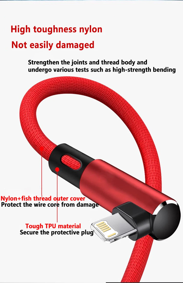 90 Degree USB Cable For iPhone 14 13 12 11 Pro Max X XR 6s 7 8 Plus Mobile Phone Fast Charging Cord Data Charger Wire
