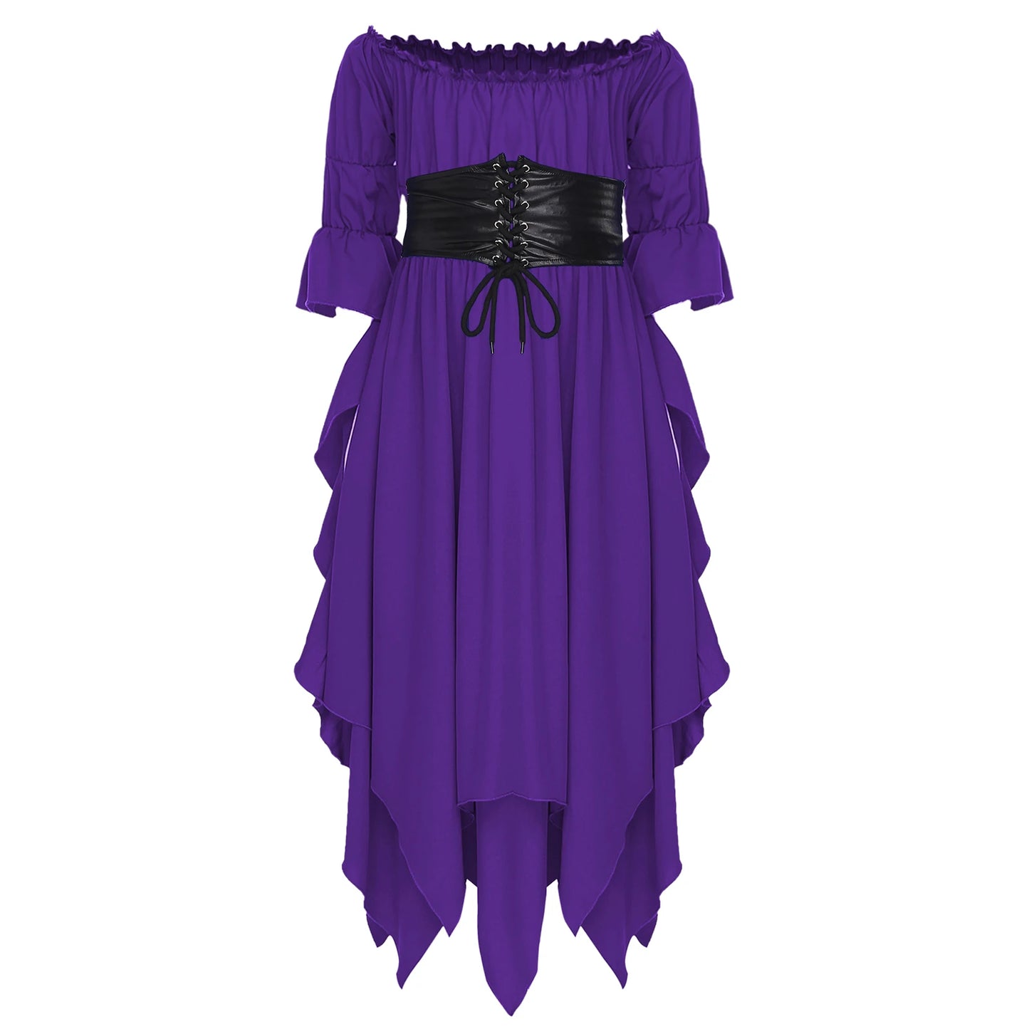 Girls Halloween Medieval Renaissance Witch Vampire Cosplay Costume Victorian Gothic Dress Off Shoulder Smocked Irregular Gown