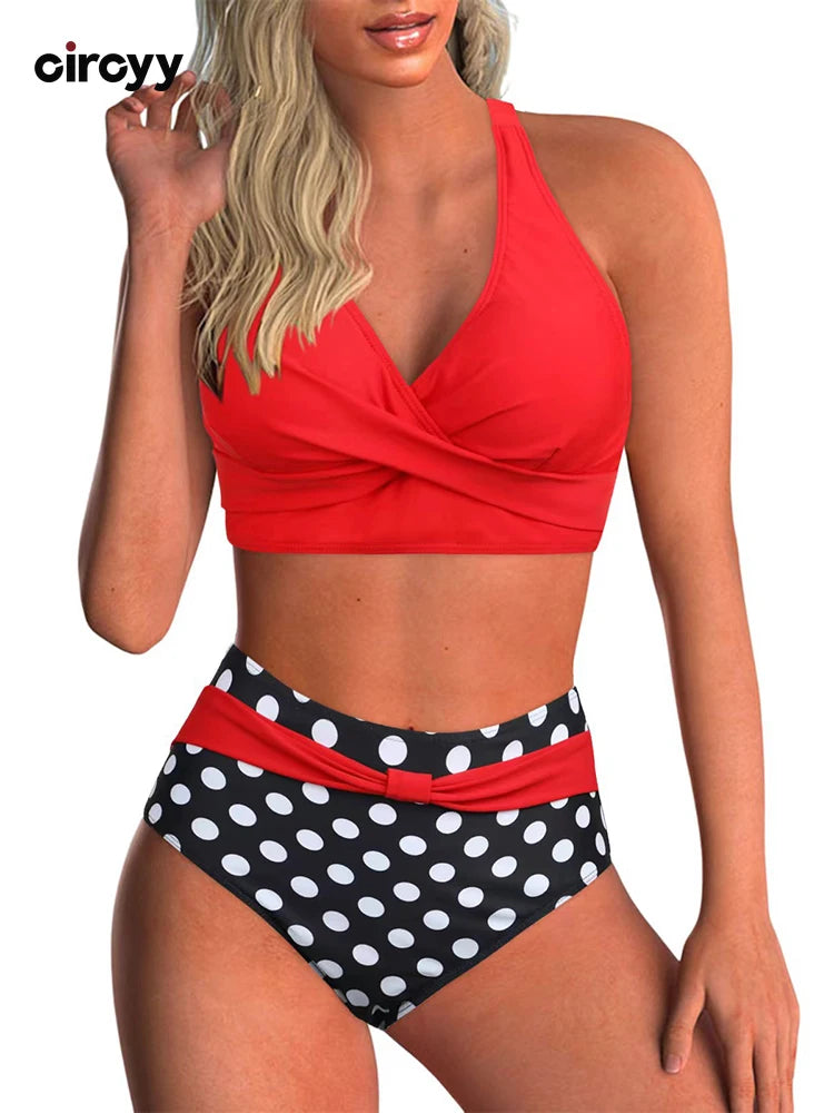 Circyy Print Swimsuit Women Split Swimsuit Contrast Color Striped Dot Bikini Set High Waisted Fashion Beachwear Summer 2025 New