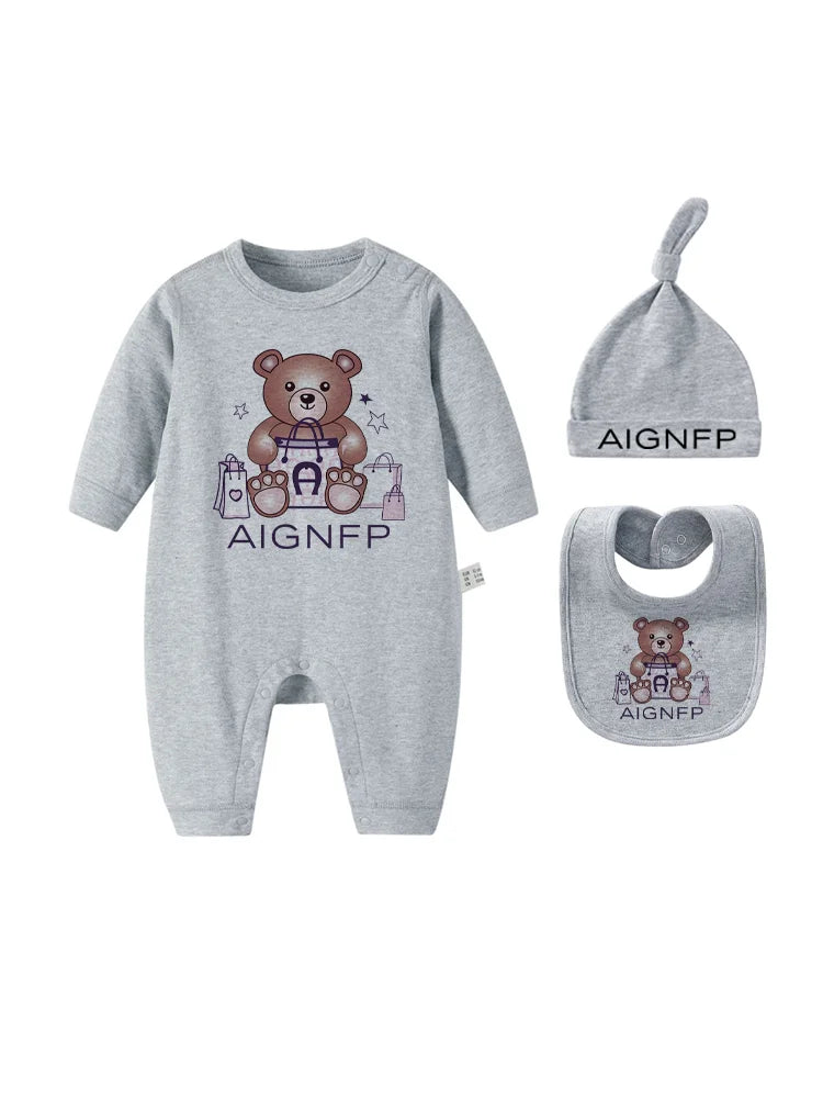 Cute Bear Jumpsuit Newborns Autumn Clothes 2025 Hot Sale New Soft Bib scarf Hat Toddler Romper Sets Baby Long sleeves Bodysuits
