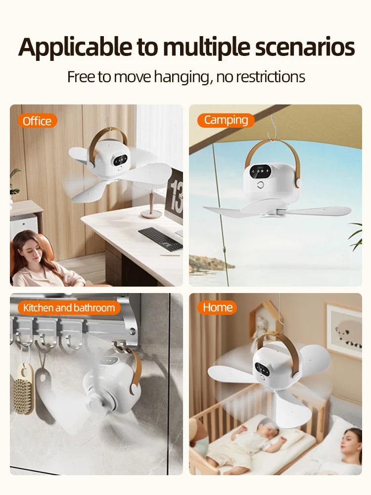 Portable Mini Ceiling Fans Outdoor Camping Fan Tent Ventilator Cooler Rechargeable Electric Fan Remote Control LED Lighting