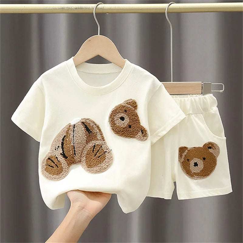 Summer Toddler Baby Clothes Children Boys Cotton Bear Short Sleeve T-Shirt+Shorts 2pcs Set Kids Fashion Sports Costume 1-6 Years
