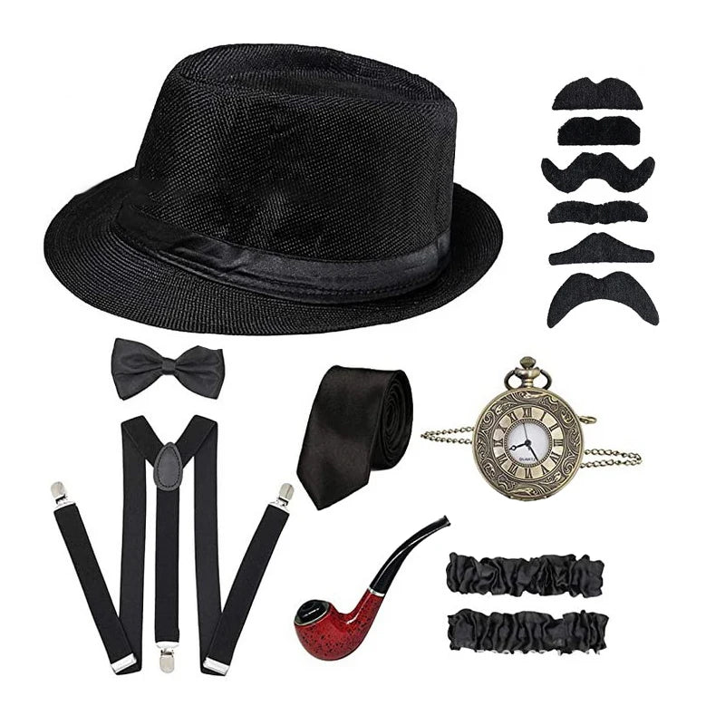 Halloween 1Set 1920's Cosplay Costume Hat Pocket Watch Neck Tie Moustache Bowtie Gatsby Masquerade Accessories
