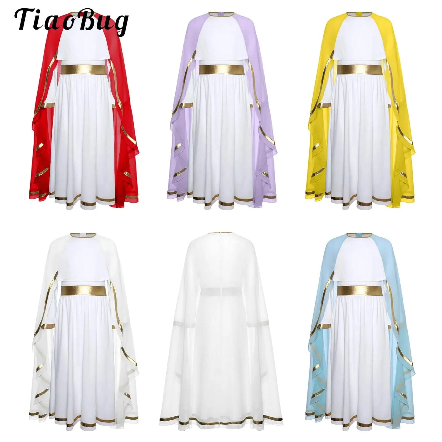Halloween Virgin Mary Costume for Kids Girls Fancy Greek Princess Cosplay Long Sleeve Ruffle Dress with Chiffon Cape Theme Party