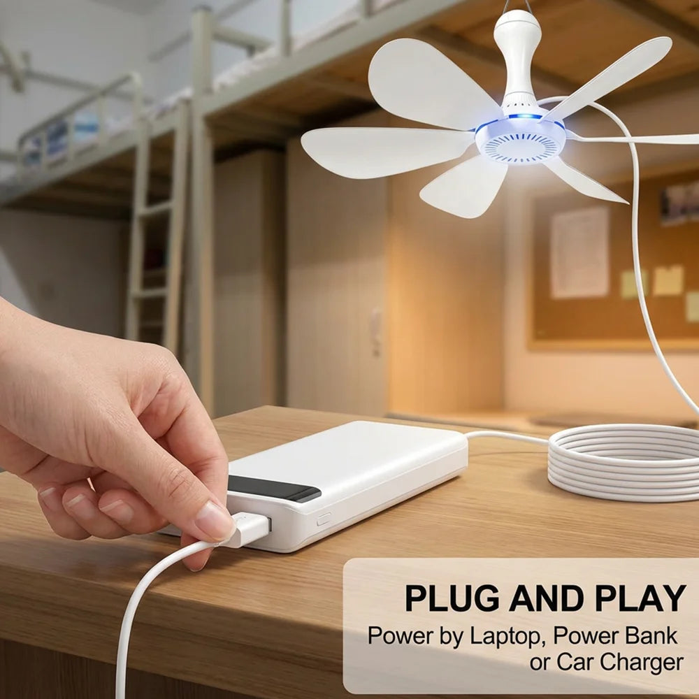 1 Set of USB Mini Quiet Ceiling Fans for Camping, Emergency Portable Outdoor Hanging Fans for Gazebos, Sheds, Dorms, Silent Fans with Extension Cord, White Fan