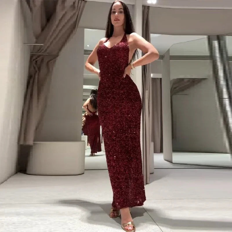 Sexy Lady Sequin Halter Maxi Dress Sleeveless O Neck Backless Party Long Robe 2026 Spring New Luxury Evening Dresses
