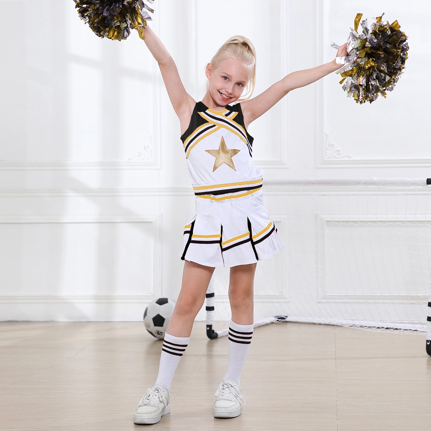 LOlanta 4Pcs Girls' Cheerleading Costumes with Socks Kids School Performance Cheerleader Outfit Halloween Fancy Dress Up 4-14Y