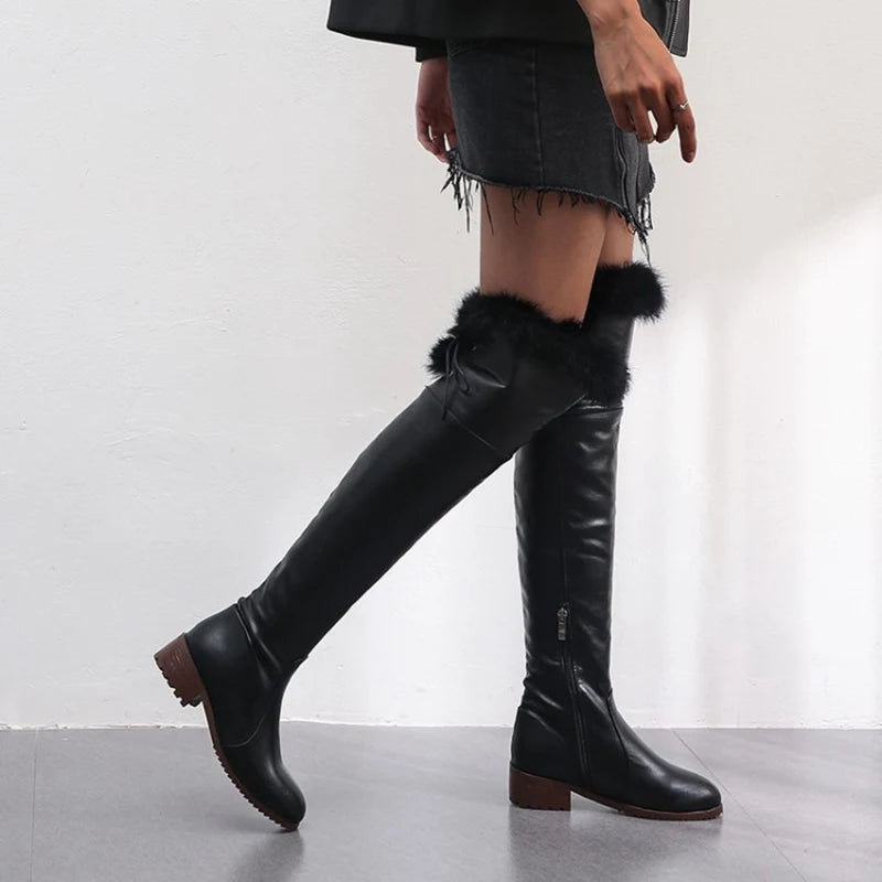 SIMLOVEYO Snow Boots fur Women Leather Boots Med Block Heels Over The Knee Boots Lady Shoes Bota Feminina Size 44 46