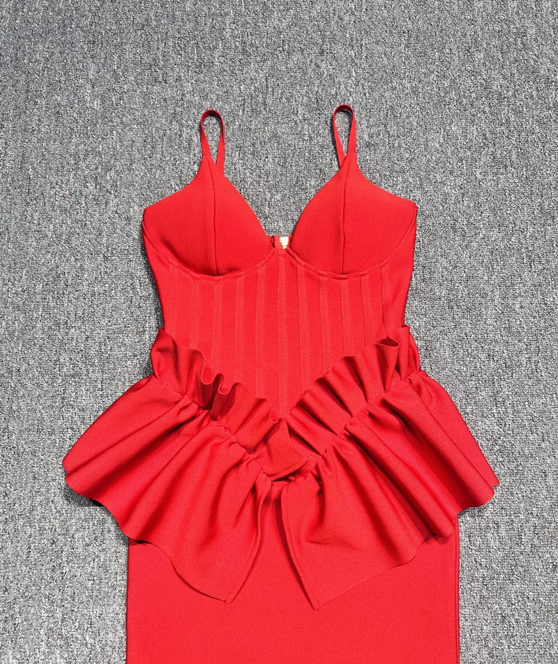 Valentine's Day Women Sleeveless V-Neck Ruffles Bodycon Long Bandage Dress Celebrate Evening Party Birthday Cocktail Dress