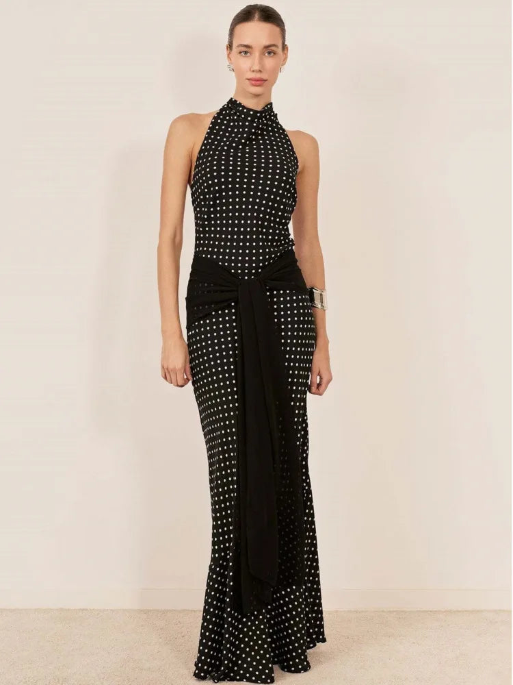 Blifanbo Polka Dot Halter Backless Sexy Maxi Dress Women Gown Ribbon Patchwork Off-shoulder Sleeveless Fashion Club Party Dress