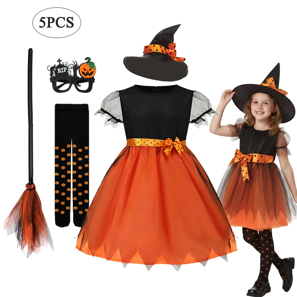 Halloween Cosplay Party Girls Pumpkin Costumes Witch Dress Kids Carnival Costume Vestidos Party Cosplay Dress