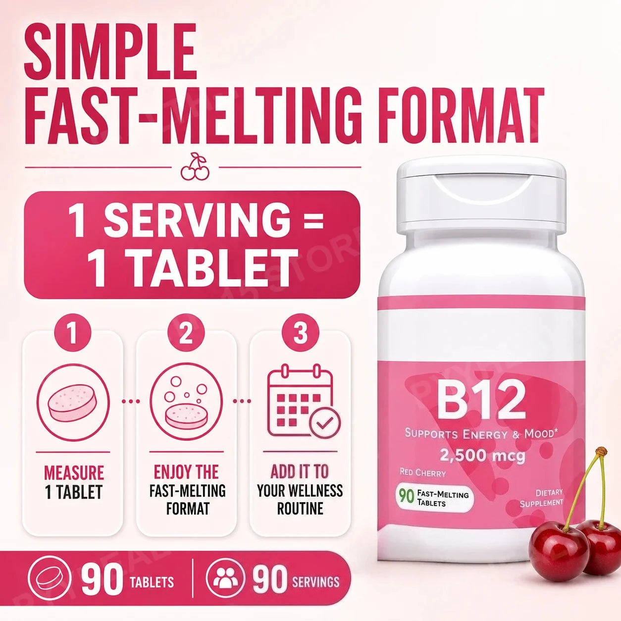 Methylcobalamin Vitamin B12 2500mcg Fast Dissolve Tablets 90 Servings Cherry Flavor Daily Energy Metabolism Support for Adults