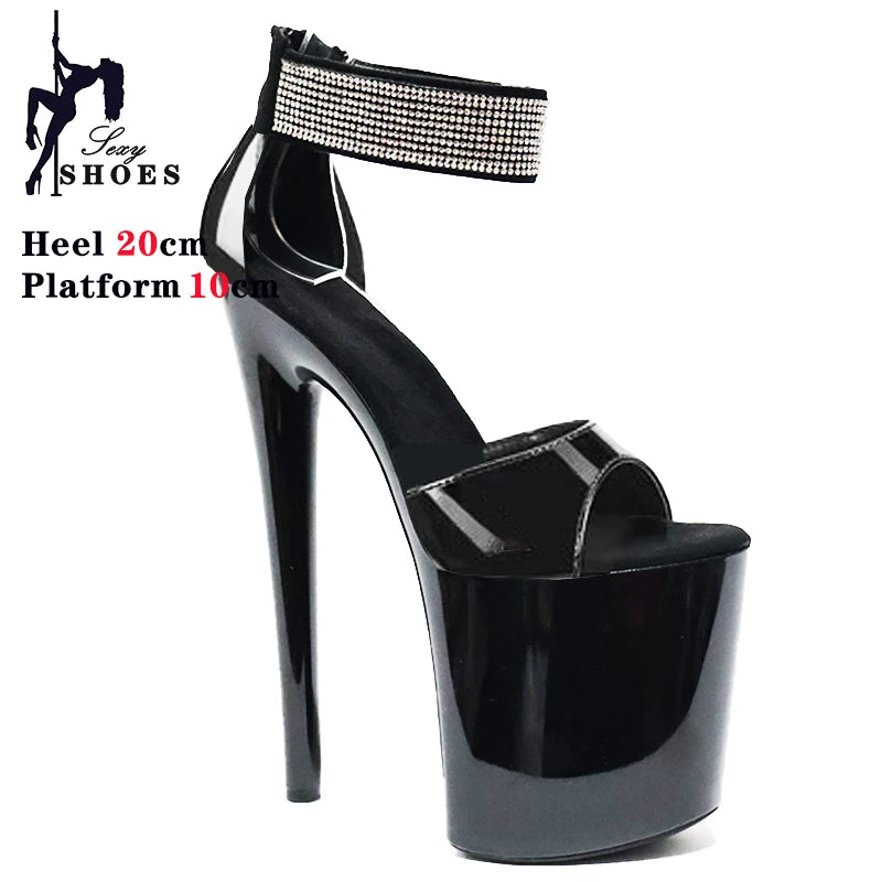 New High-heeled 20cm/8inchs Sandals Women Summer Strap Thin Heel Black Sandals Stripper Pole Dance Dress Models Nightclub Shoes