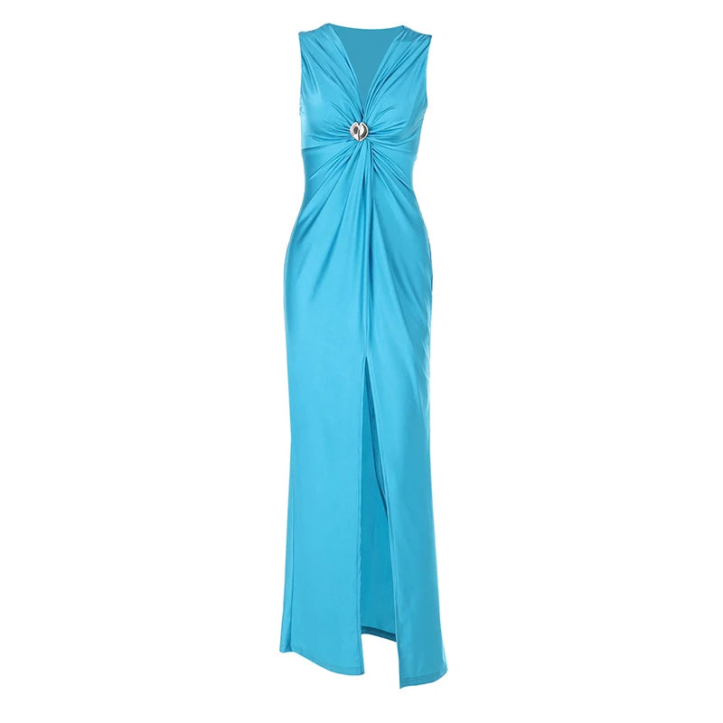 Low Cut High Waisted Women's Evening Dress Elegant Sleeveless Hollowed Out Split Cocktail Dress 2025 Sexy V Neck Blue Long Dress