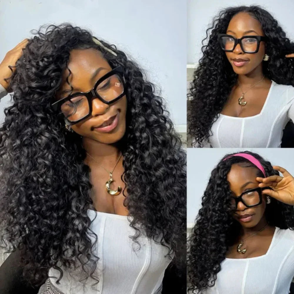 Deep Wave 3 In 1 Half Wig 100% Human Hair Glueless Curly Wigs Ready to Wear Seamless Flip Over Half Wig With Drawstring Clip Ins