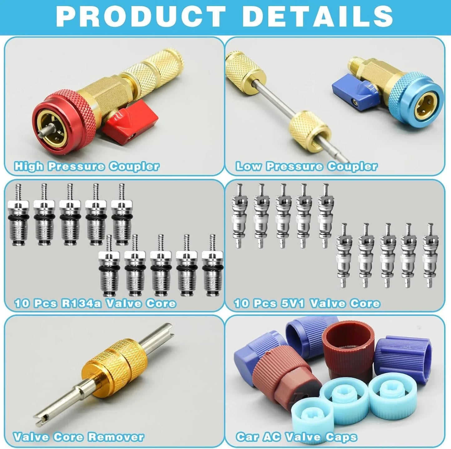R134A Valve Core Quick Remover Installer, High Low Pressure Valve Core Remover Tools Kit for Refrigerant Air Conditioner System