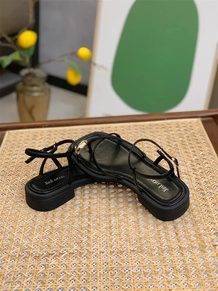 Sandals Women 2024 Summer New Fashion Square Toe Roman Shoes Simple Fairy Strap Women Shoes Flat Casual Shoe Sandalias De Mujer