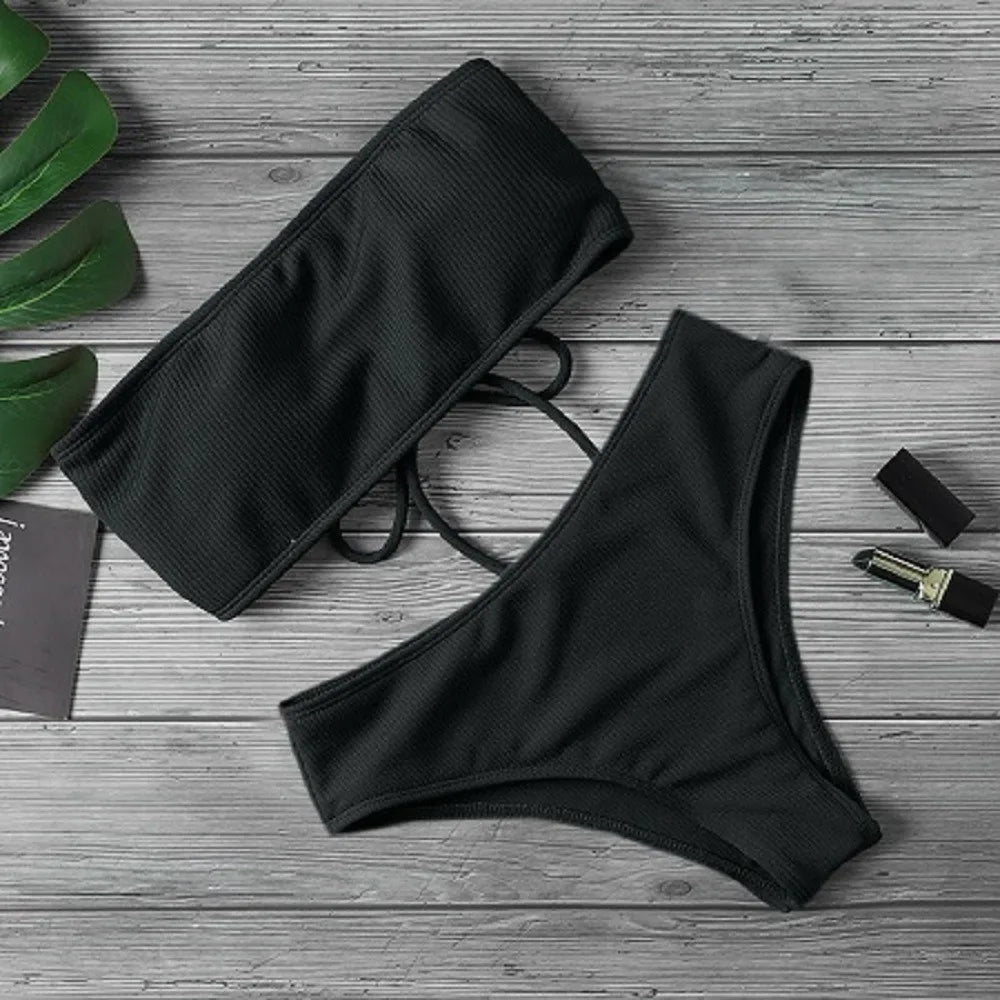 Solid Color Strapless Bikini Set Backless Sexy Swimsuit High Waist Adjustable Women Swimwear Summer
