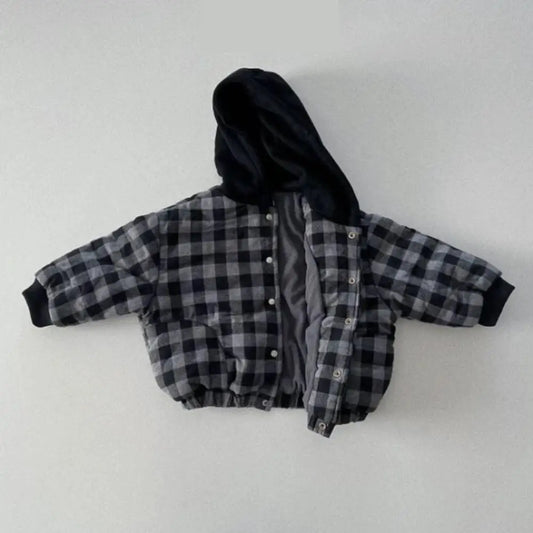2025 Winter New Baby Warm Plaid Coat Kids Boys Girls Hooded Cotton Padded Jacket Kids Vintage Windproof Tops Children Clothes