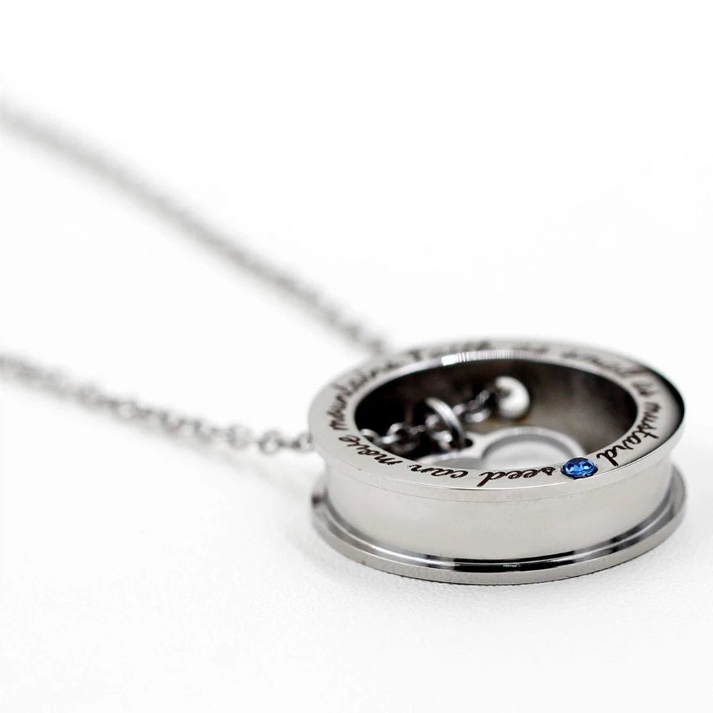 Round Heart Pendants Stainless Steel Necklaces with Carved Letters Mustard Seed Faith Necklace Men Women Fashion Jewelry Gift