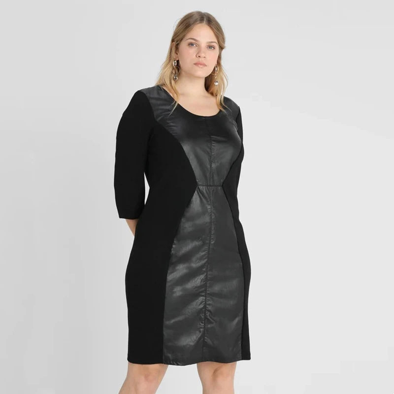 Plus Size Elegant Office Dress Women Quarters Sleeve Knee Length Solid Black Pu Dress Ladies Large Size Sheath Spring Dress 6XL