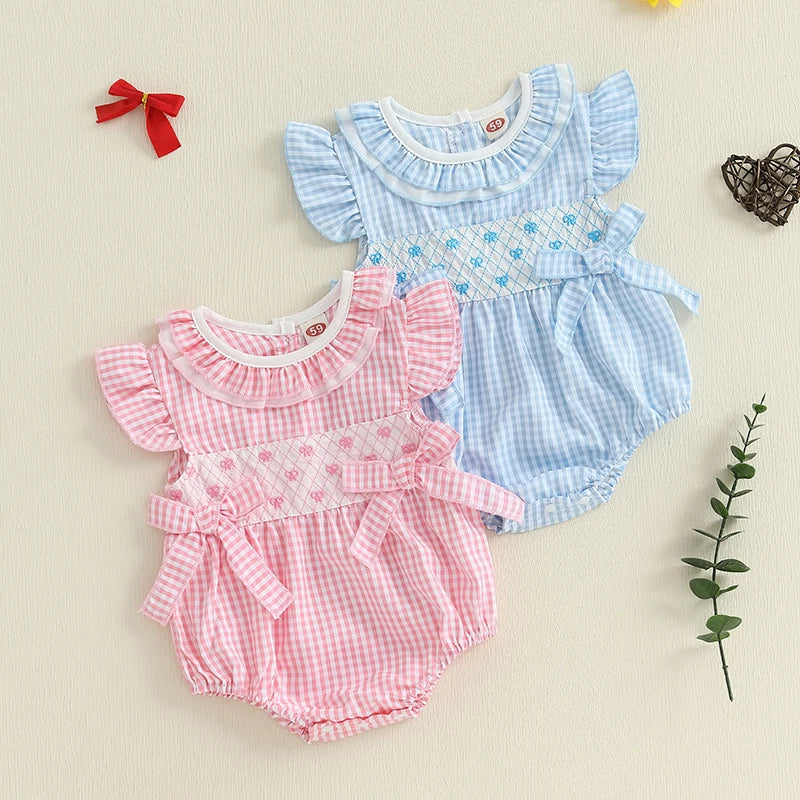 Infant Baby Girl Summer Romper Outfit Ruffle Short Sleeve Bodysuit Bow Embroidery Plaid Jumpsuit 0-18M