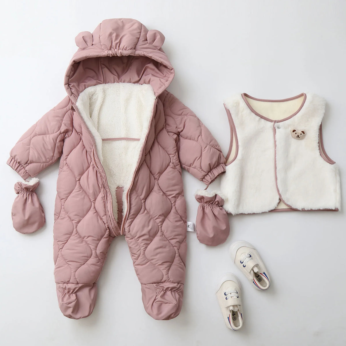 Winter 0-2Y Baby Clothes Thicken Fleece Boys Rompers Toddler Boys Jumpsuits Warm Fur Lining Footies And Vest 2 Pcs Snowsuit