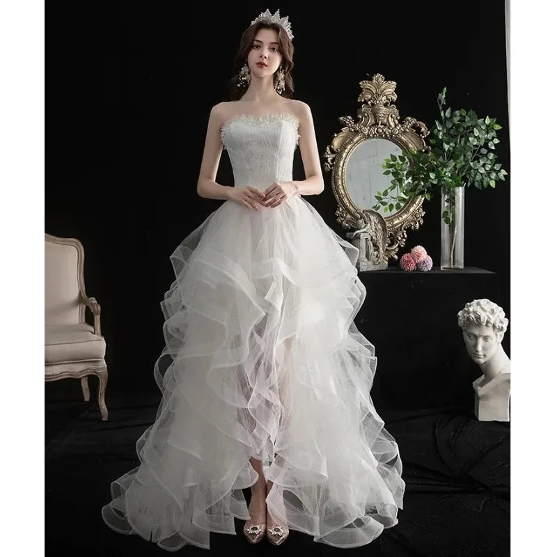 New Front Short Long Back Strapless Wedding Dress Sweet Bride Dress