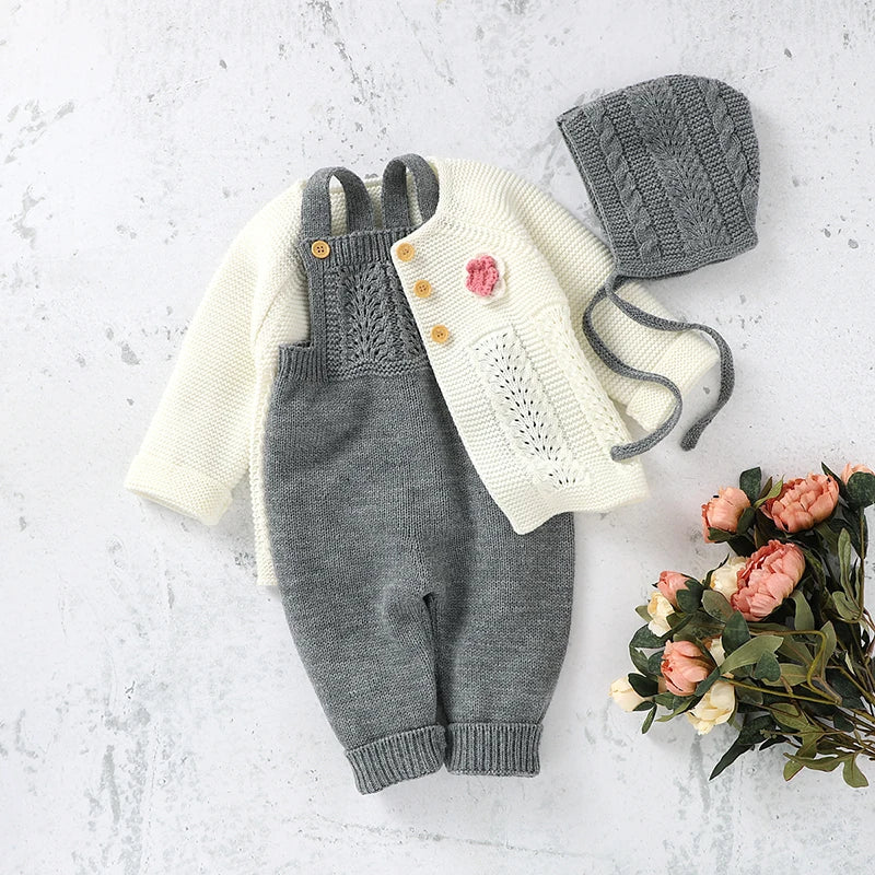 Baby Romper Set Knit Autumn Newborn Girl Boy Long Sleeve Coat Jumpsuit Outfit Hat 3PC Fashion Solid Infant Clothing Suit Sweater